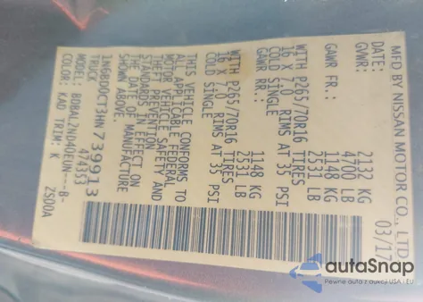 2017 Nissan Frontier Sv-I4 z USA, uszkodzony, nr VIN 1N6BD0CT3HN739913